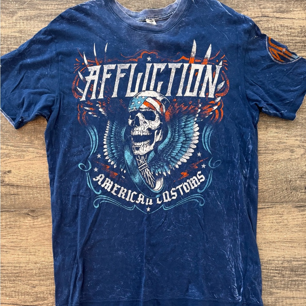 Affliction Blue Short Sleeve Tee with Skull Graphic